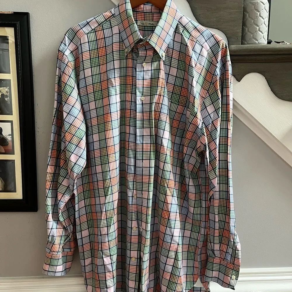 Peter Millar Orange Blue Green Plaid Button Down Shirt sz L EUC